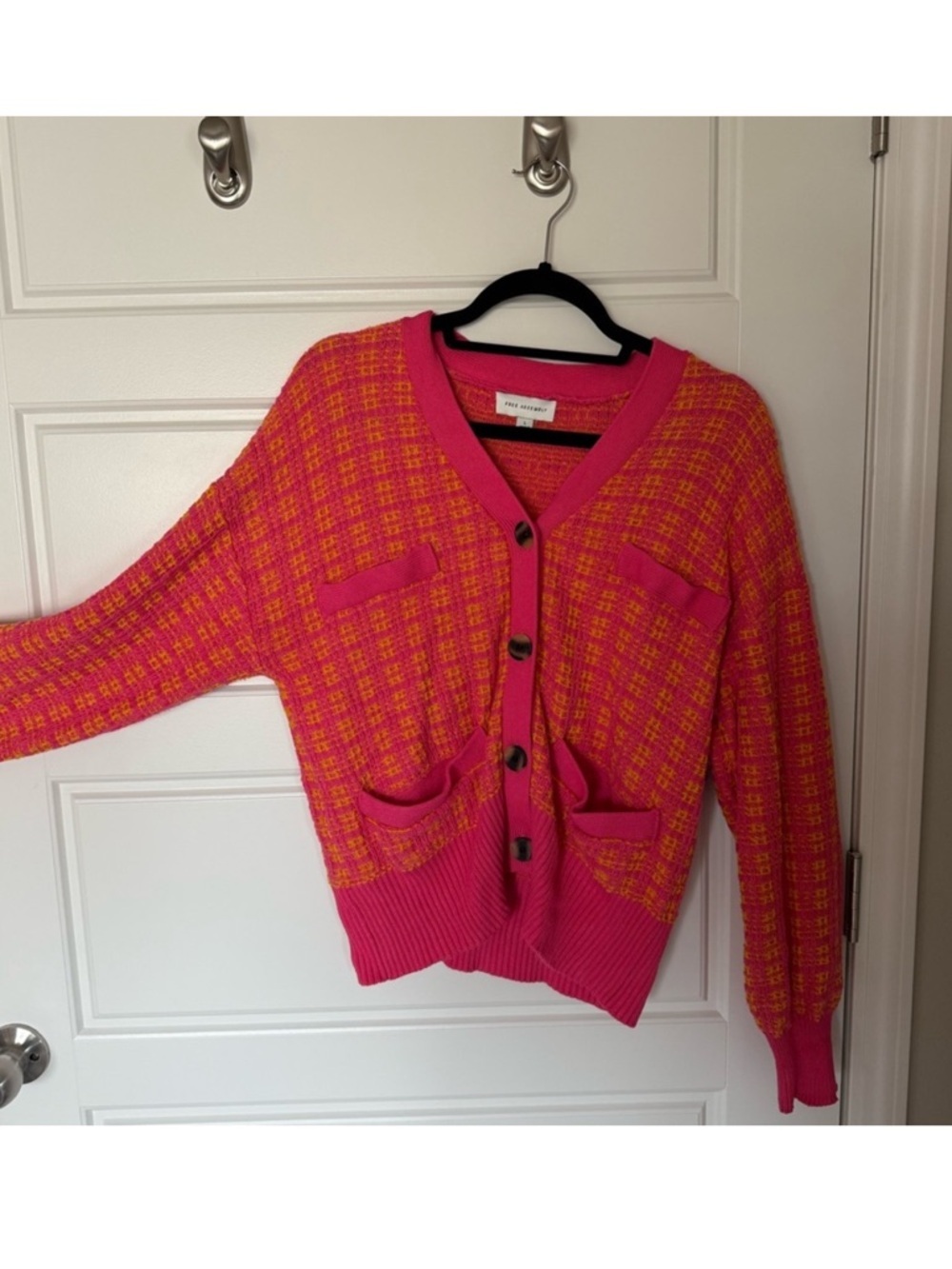 ⛱️free assembly - Pink Chic and Yellow Textured Knit Cropped Cardigan - L